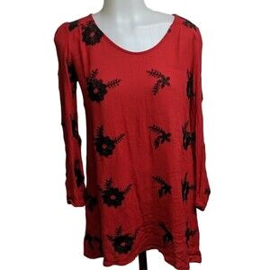 Zaful Tunic Women Small Crepe Floral Long Sleeves Top Red Peephole Back Button S